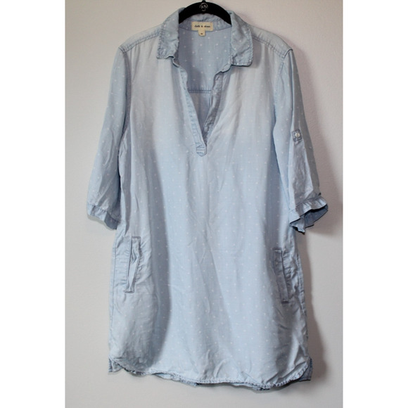 Cloth & Stone Dot Denim Chambray Tunic Top Faded Mini Shirt Dress Size Medium - Picture 2 of 16